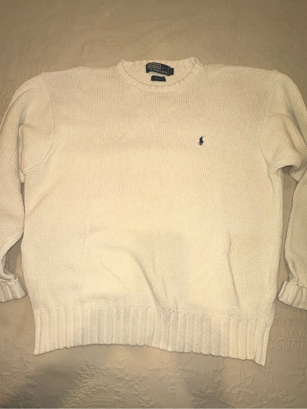 90’s Vtg Polo Ralph Lauren Sweater Men's XL Cream 100% Cotton Crewneck Navy Pony